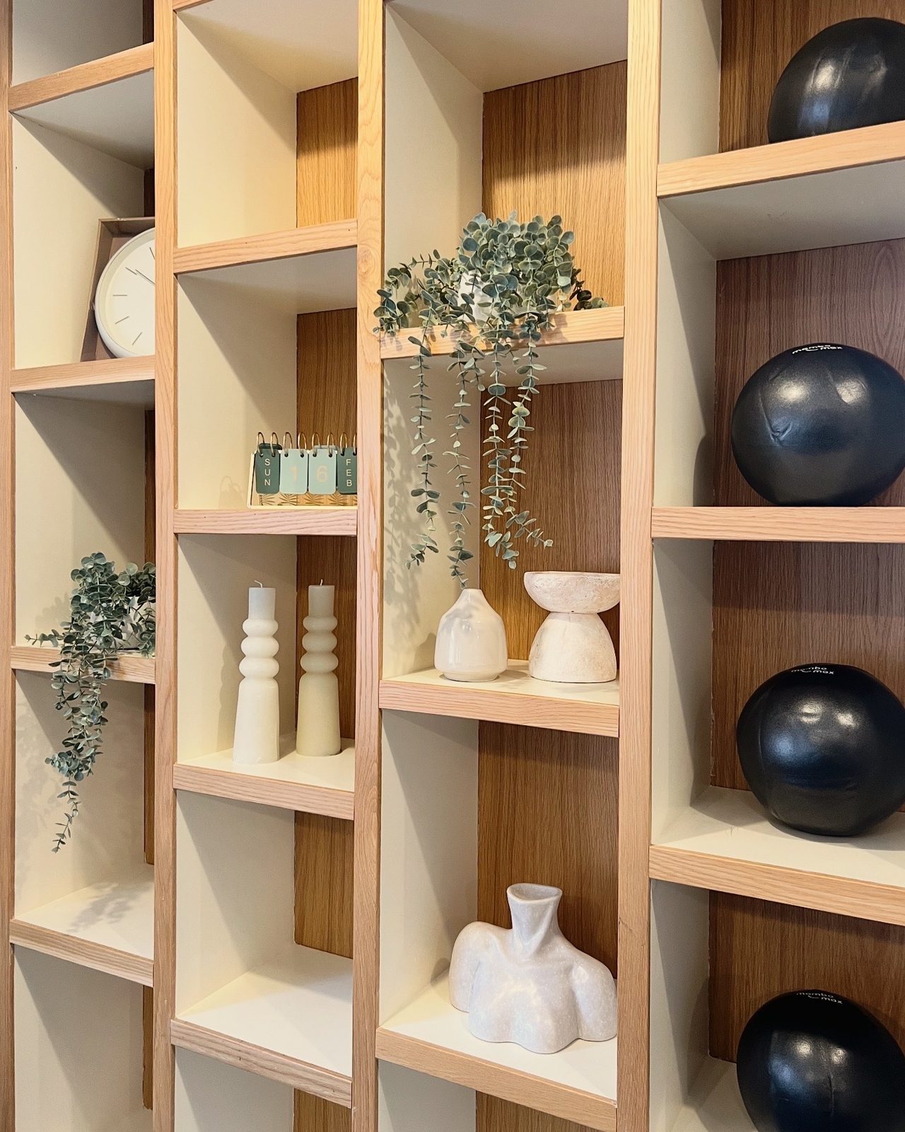 Oak shelves in the studio holding vases, trailing plants and Pilates balls